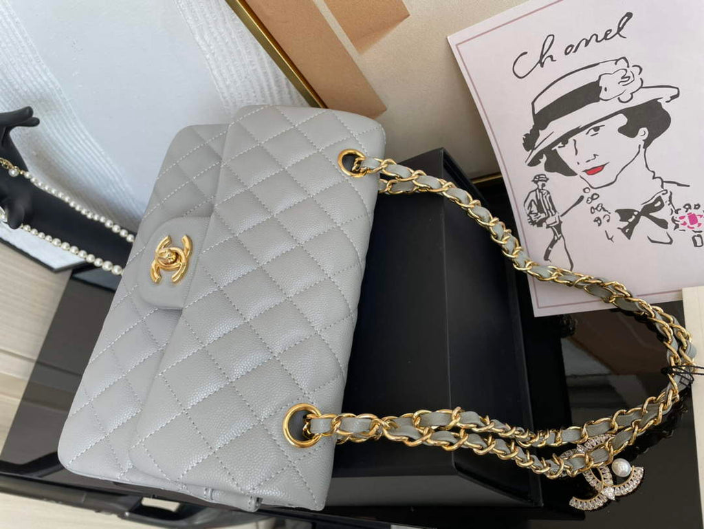 Chanel  A01113 Small Classic Handbag Grained Shiny Calfskin Gray Gold
