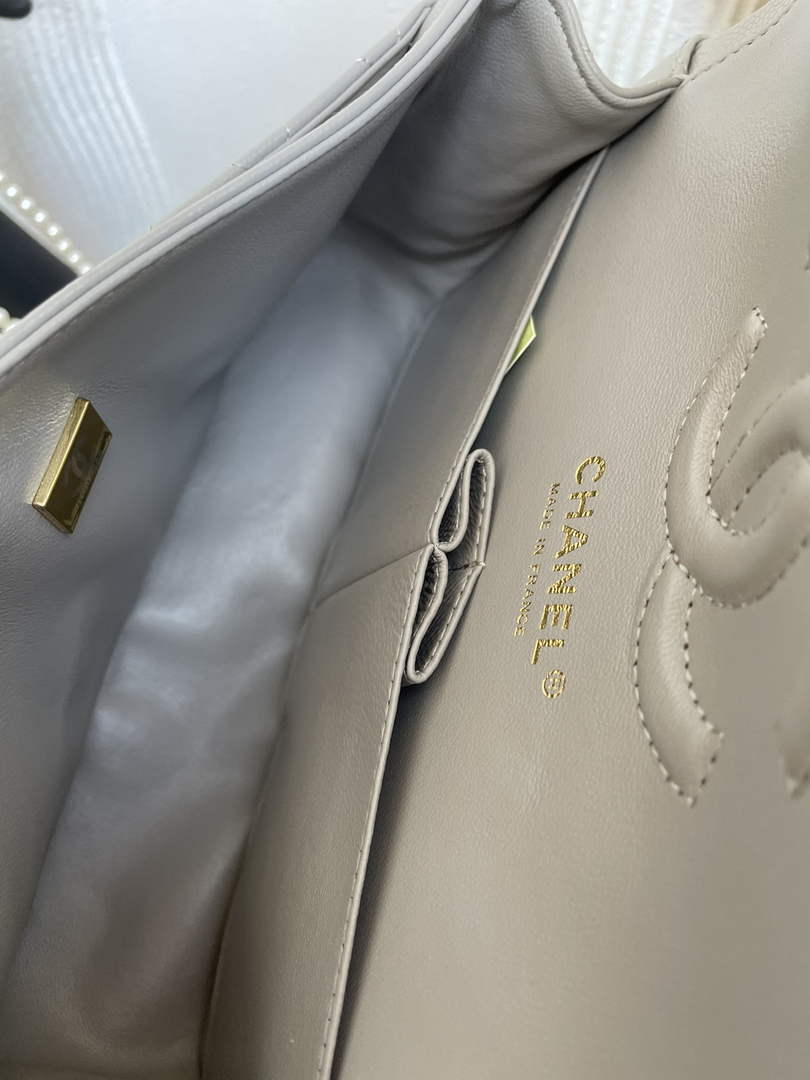 Chanel  A01113 Small Classic Handbag Grained Shiny Calfskin Gray Gold
