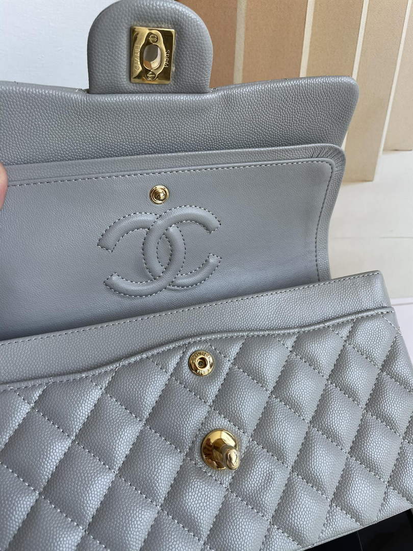 Chanel  A01113 Small Classic Handbag Grained Shiny Calfskin Gray Gold