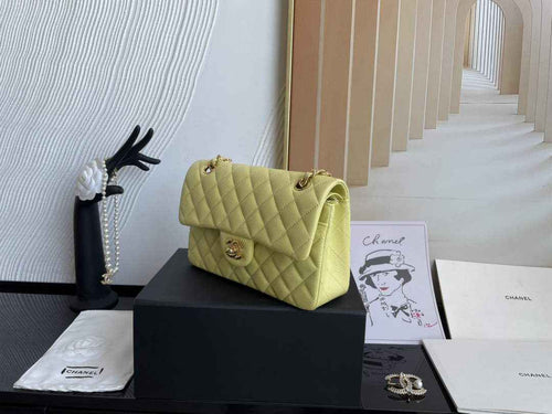 Chanel  A01113 Small Classic Handbag Grained Shiny Calfskin Light Yellow Gold