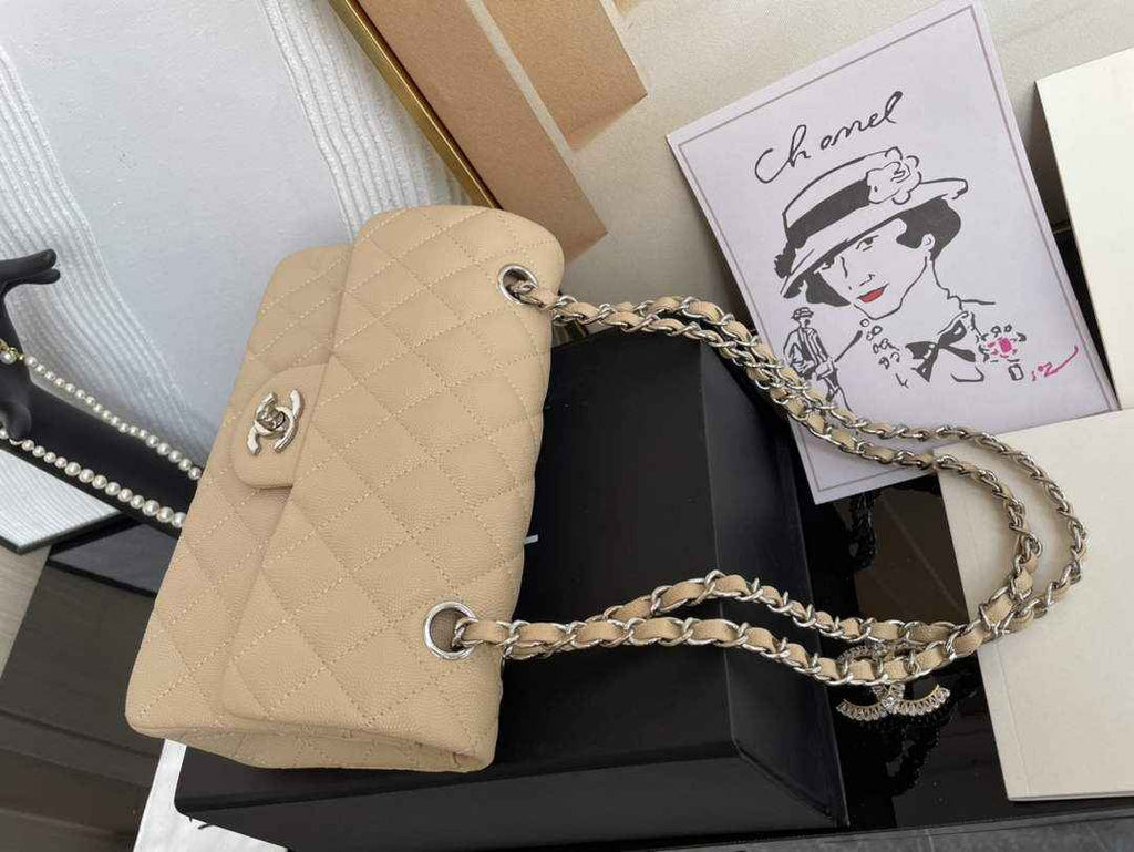 Chanel  A01113 Small Classic Handbag Grained Shiny Calfskin Apricot Silver