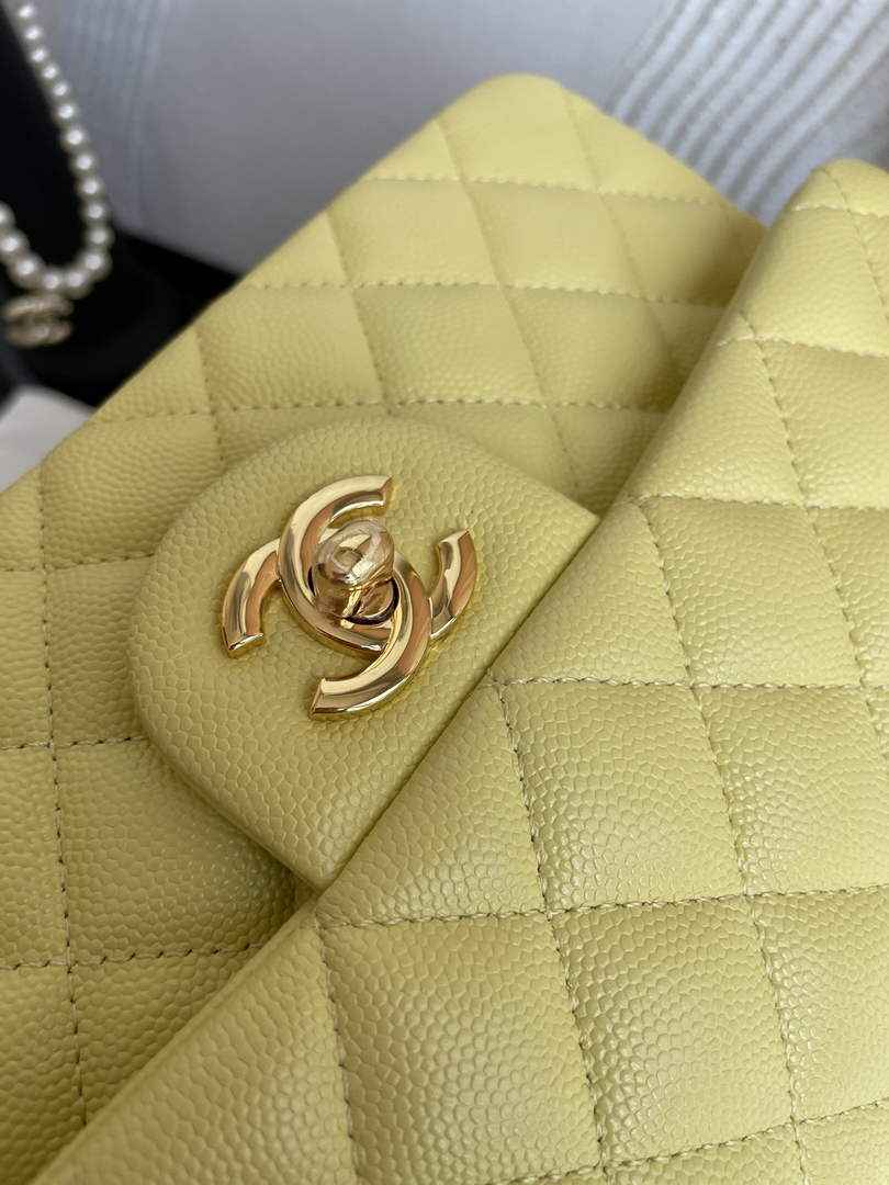 Chanel  A01113 Small Classic Handbag Grained Shiny Calfskin Light Yellow Gold