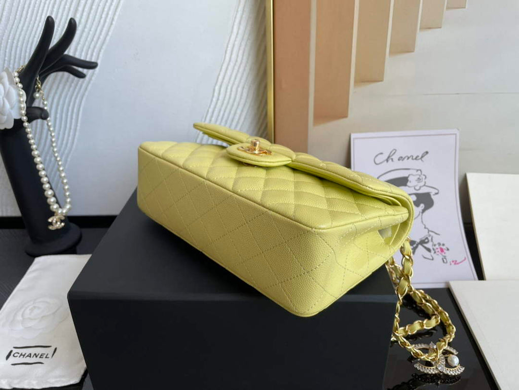Chanel  A01113 Small Classic Handbag Grained Shiny Calfskin Light Yellow Gold