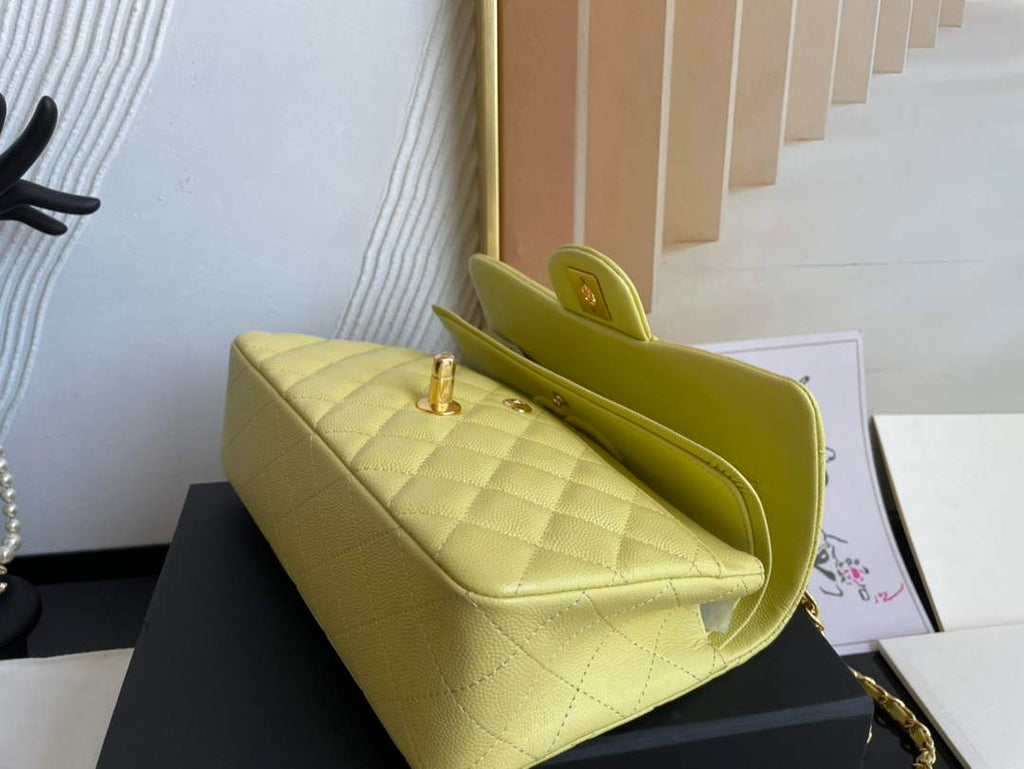 Chanel  A01113 Small Classic Handbag Grained Shiny Calfskin Light Yellow Gold