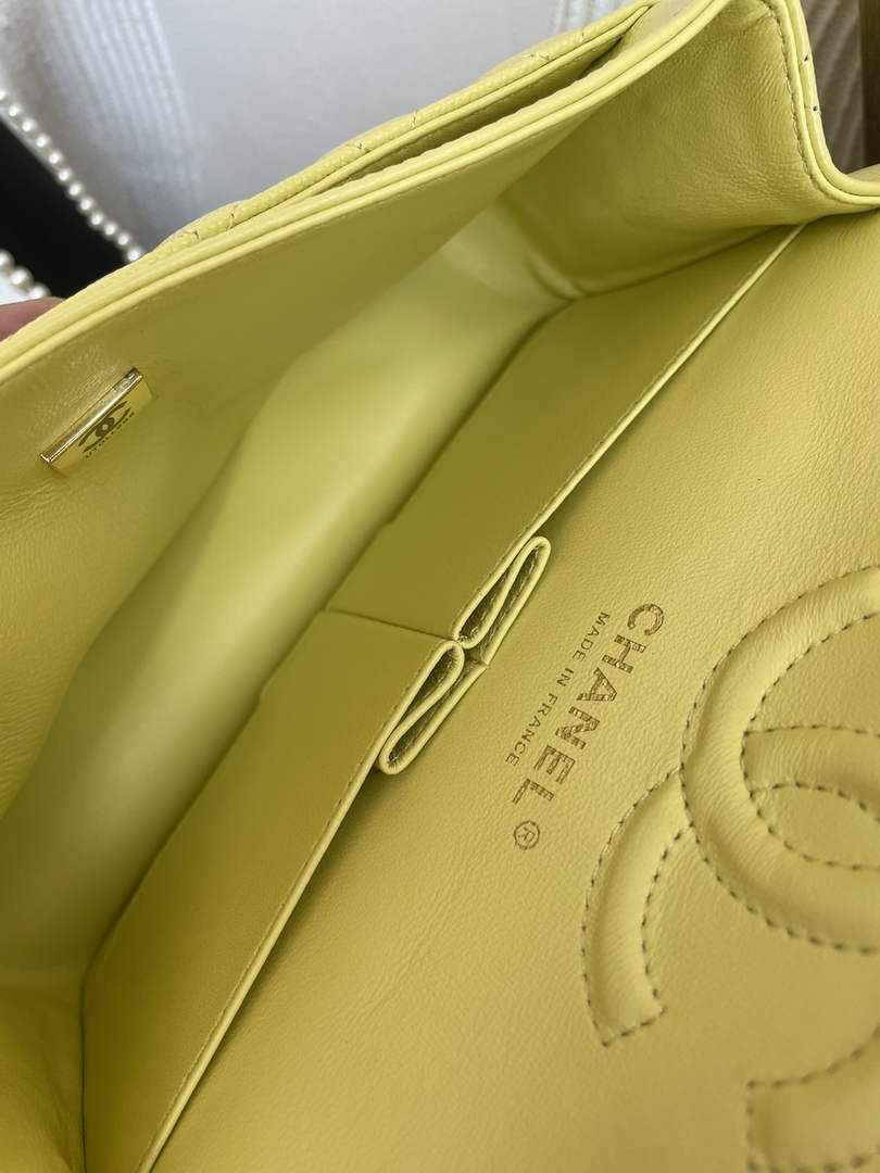 Chanel  A01113 Small Classic Handbag Grained Shiny Calfskin Light Yellow Gold
