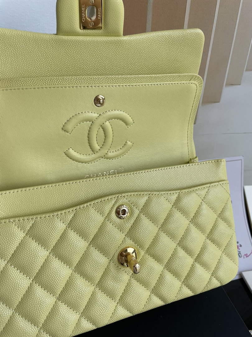 Chanel  A01113 Small Classic Handbag Grained Shiny Calfskin Light Yellow Gold