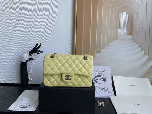 Chanel  A01113 Small Classic Handbag Grained Shiny Calfskin Light Yellow Silver