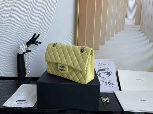 Chanel  A01113 Small Classic Handbag Grained Shiny Calfskin Light Yellow Silver