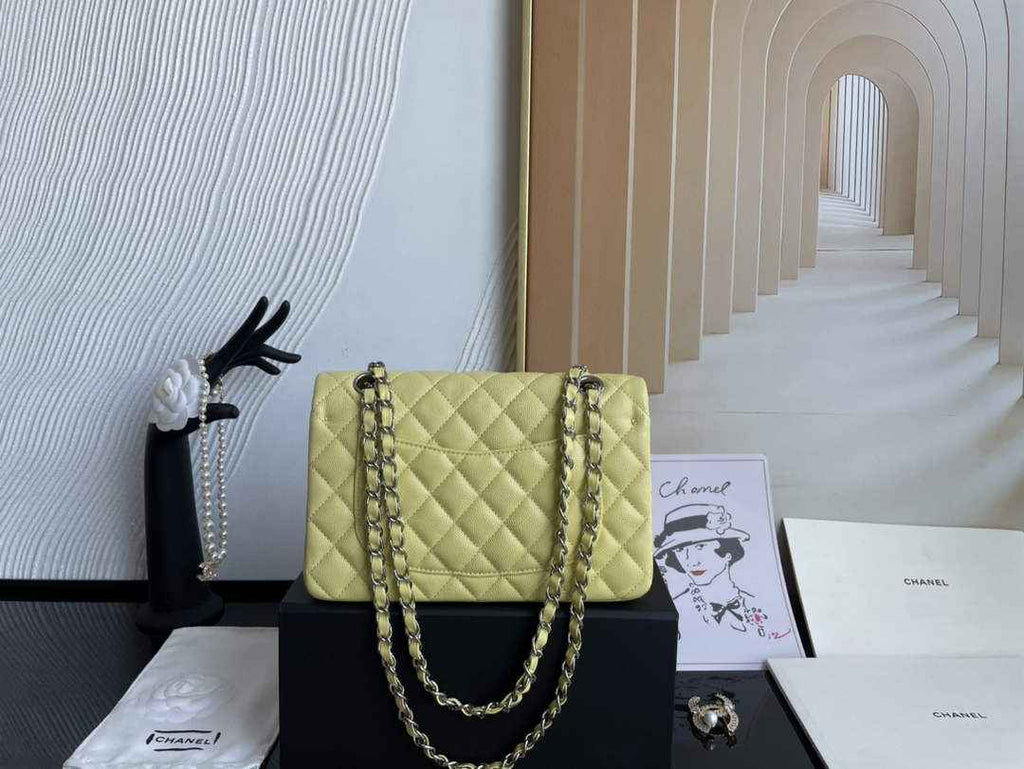 Chanel  A01113 Small Classic Handbag Grained Shiny Calfskin Light Yellow Silver