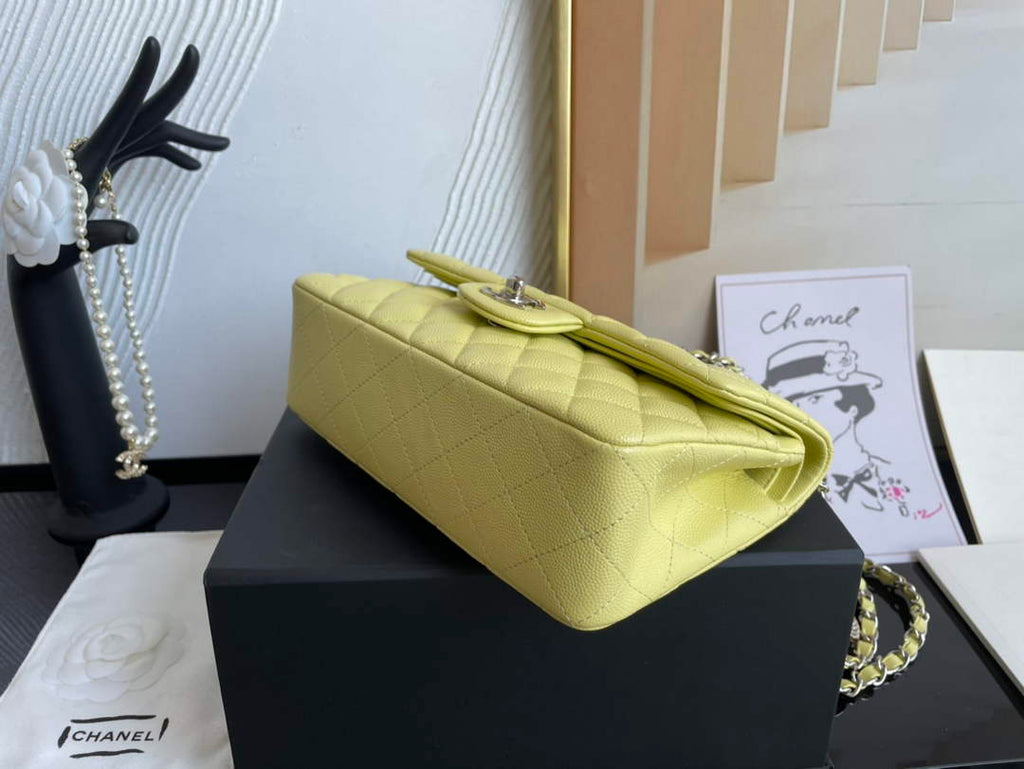 Chanel  A01113 Small Classic Handbag Grained Shiny Calfskin Light Yellow Silver
