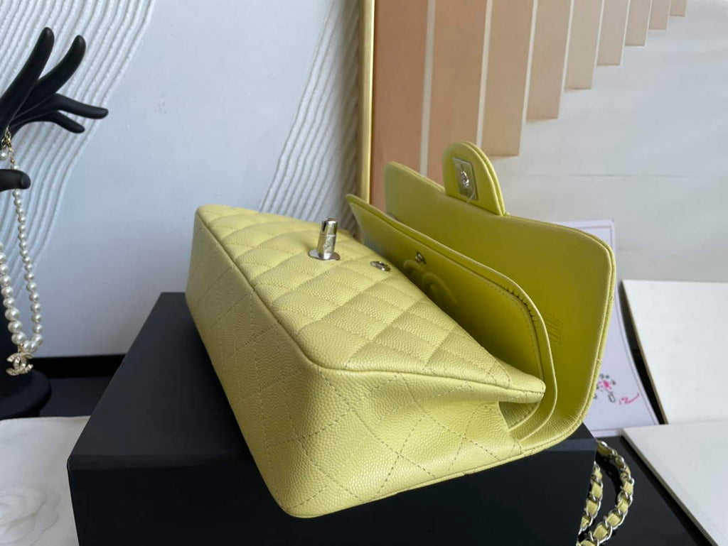 Chanel  A01113 Small Classic Handbag Grained Shiny Calfskin Light Yellow Silver