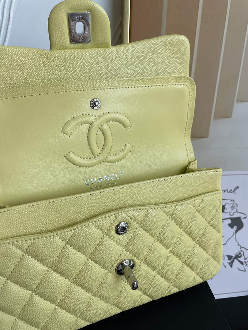 Chanel  A01113 Small Classic Handbag Grained Shiny Calfskin Light Yellow Silver