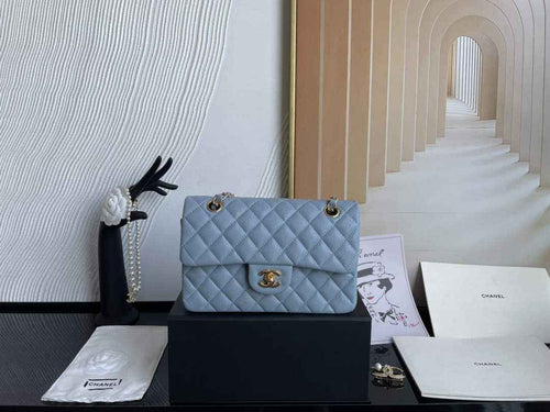 Chanel  A01113 Small Classic Handbag Grained Shiny Calfskin Light Blue Gold