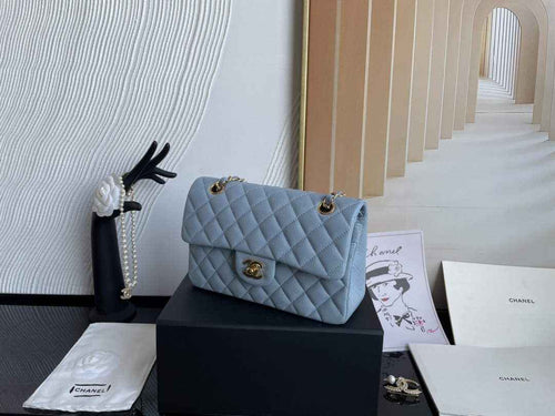 Chanel  A01113 Small Classic Handbag Grained Shiny Calfskin Light Blue Gold