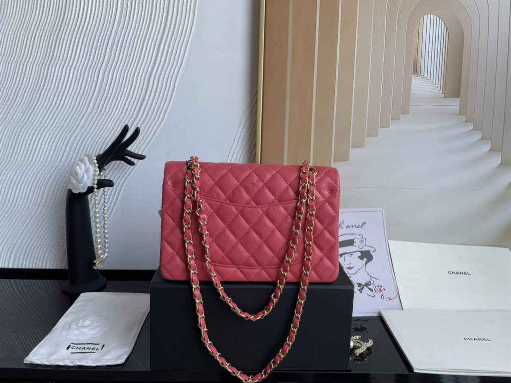 Chanel  A01113 Small Classic Handbag Grained Shiny Calfskin Red Gold