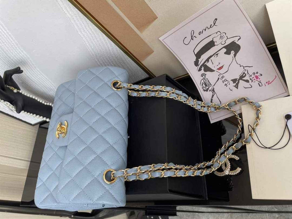 Chanel  A01113 Small Classic Handbag Grained Shiny Calfskin Light Blue Gold