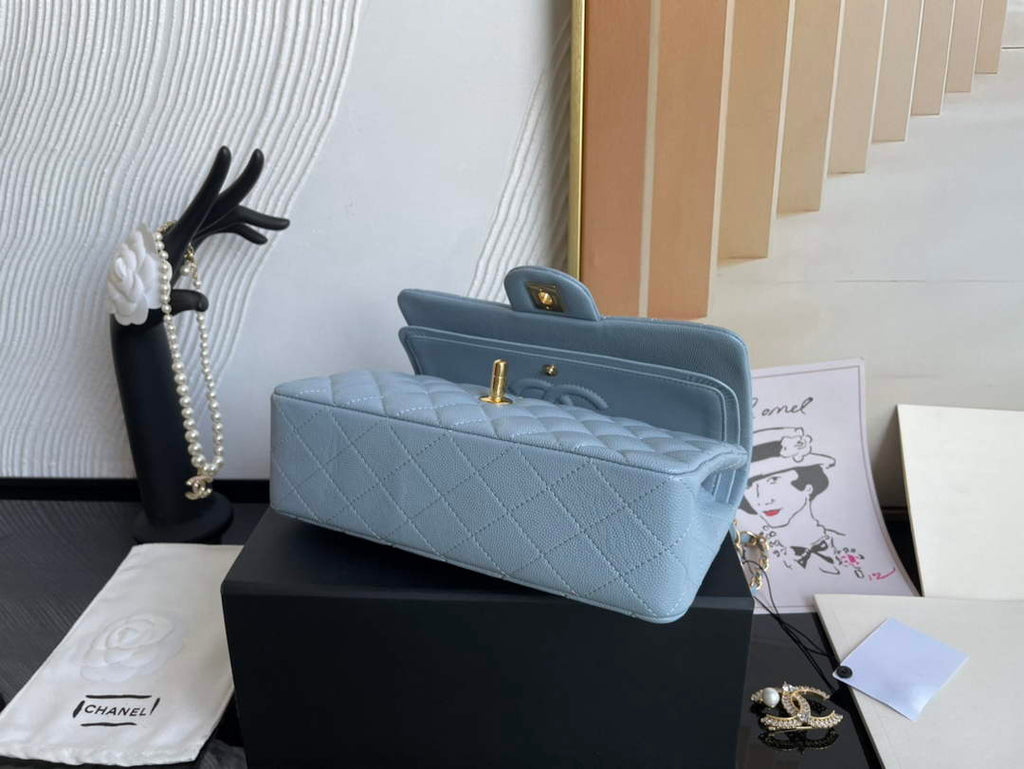 Chanel  A01113 Small Classic Handbag Grained Shiny Calfskin Light Blue Gold