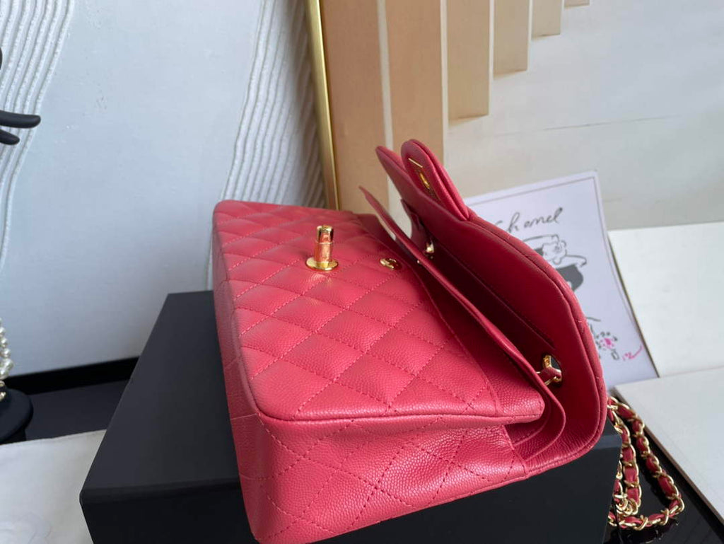 Chanel  A01113 Small Classic Handbag Grained Shiny Calfskin Red Gold