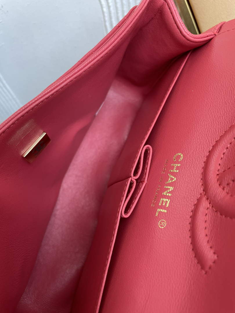 Chanel  A01113 Small Classic Handbag Grained Shiny Calfskin Red Gold