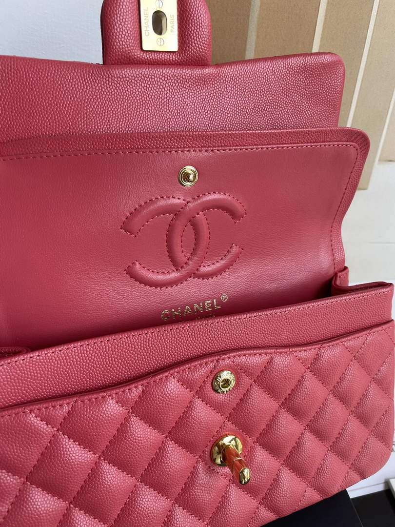 Chanel  A01113 Small Classic Handbag Grained Shiny Calfskin Red Gold