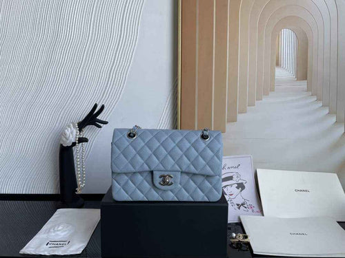 Chanel  A01113 Small Classic Handbag Grained Shiny Calfskin Light Blue Silver