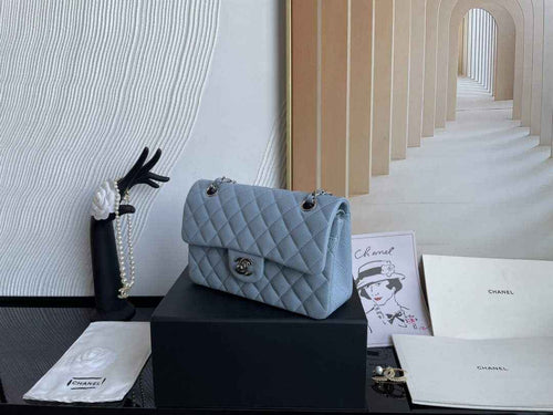 Chanel  A01113 Small Classic Handbag Grained Shiny Calfskin Light Blue Silver