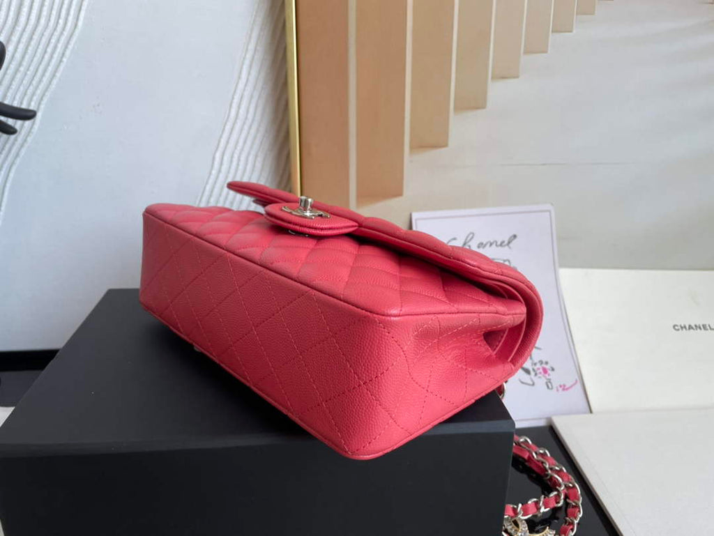 Chanel  A01113 Small Classic Handbag Grained Shiny Calfskin Red Silver