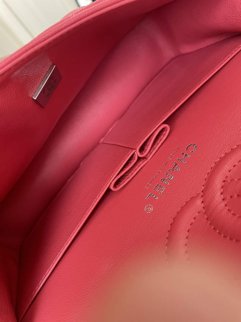 Chanel  A01113 Small Classic Handbag Grained Shiny Calfskin Red Silver