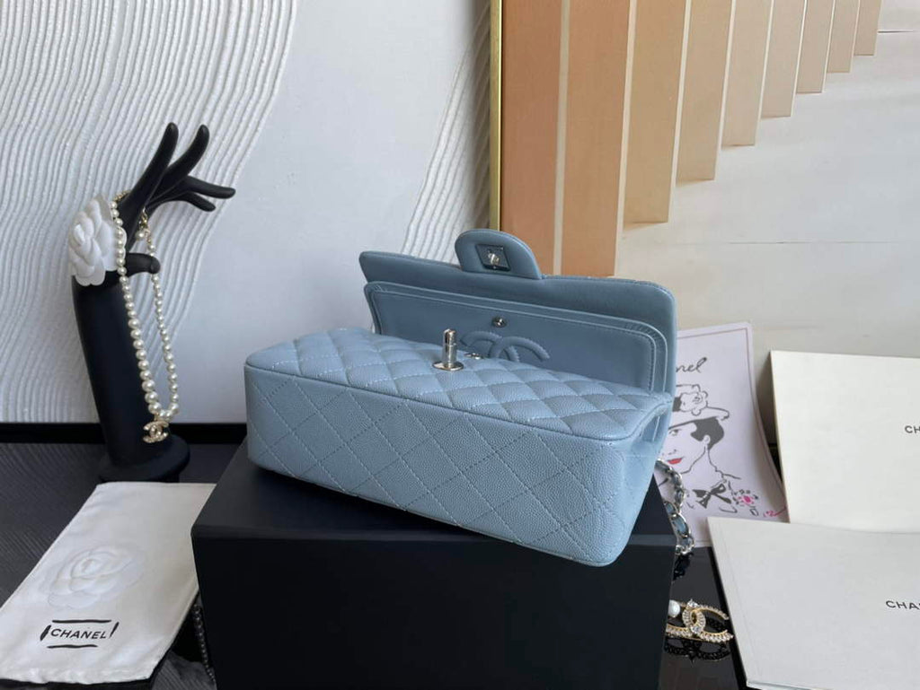 Chanel  A01113 Small Classic Handbag Grained Shiny Calfskin Light Blue Silver