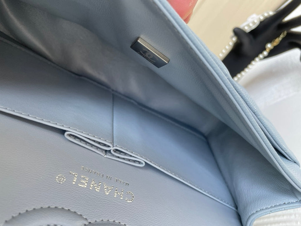 Chanel  A01113 Small Classic Handbag Grained Shiny Calfskin Light Blue Silver