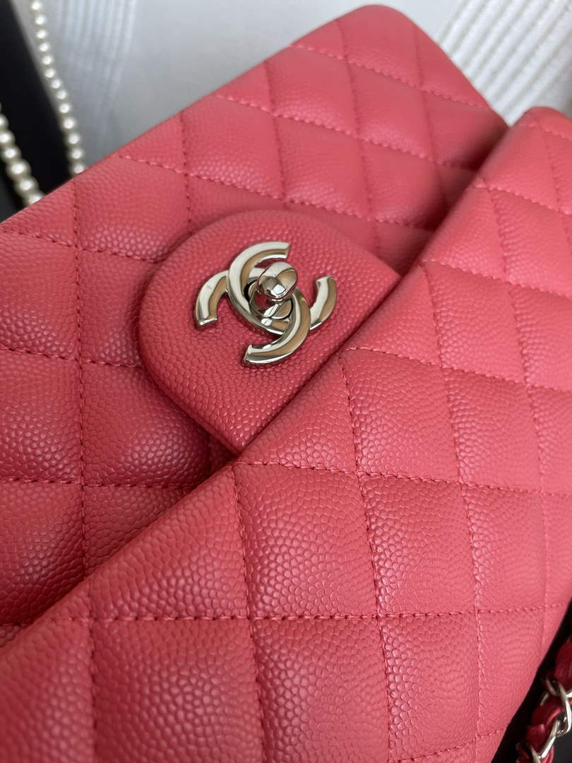 Chanel  A01113 Small Classic Handbag Grained Shiny Calfskin Red Silver