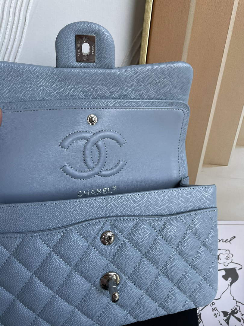 Chanel  A01113 Small Classic Handbag Grained Shiny Calfskin Light Blue Silver