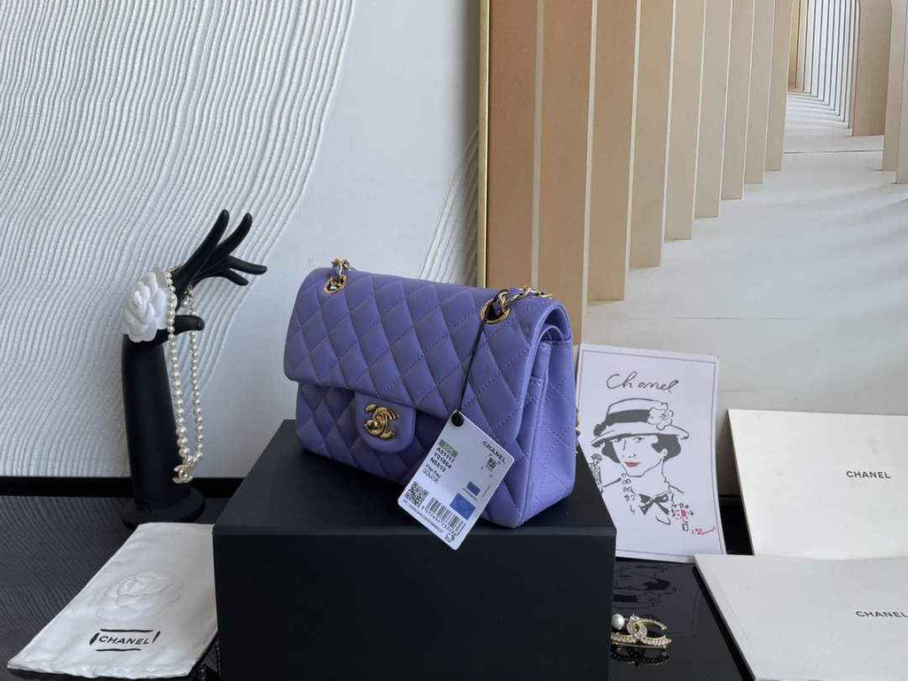 Chanel  A01113 Small Classic Handbag Grained Shiny Calfskin Purple Gold