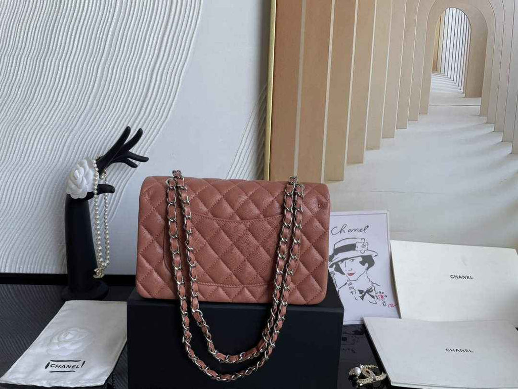 Chanel  A01113 Small Classic Handbag Grained Shiny Calfskin Brown Silver