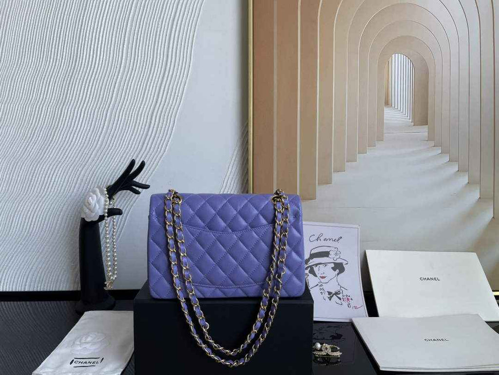 Chanel  A01113 Small Classic Handbag Grained Shiny Calfskin Purple Gold