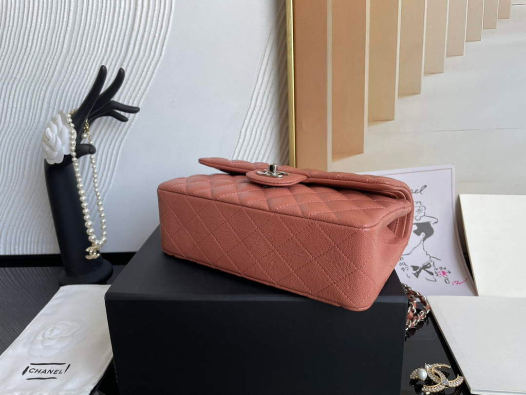 Chanel  A01113 Small Classic Handbag Grained Shiny Calfskin Brown Silver