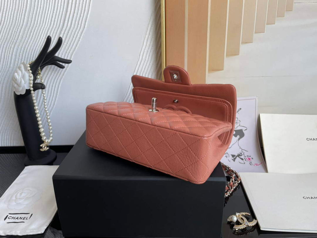 Chanel  A01113 Small Classic Handbag Grained Shiny Calfskin Brown Silver