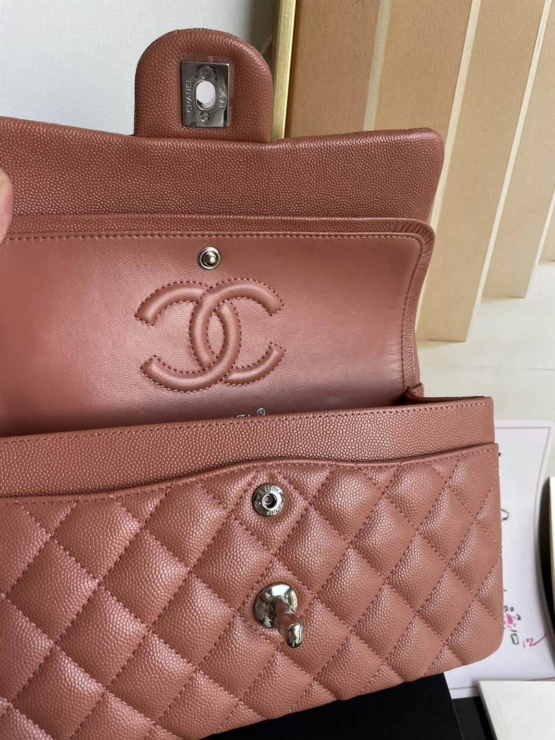 Chanel  A01113 Small Classic Handbag Grained Shiny Calfskin Brown Silver