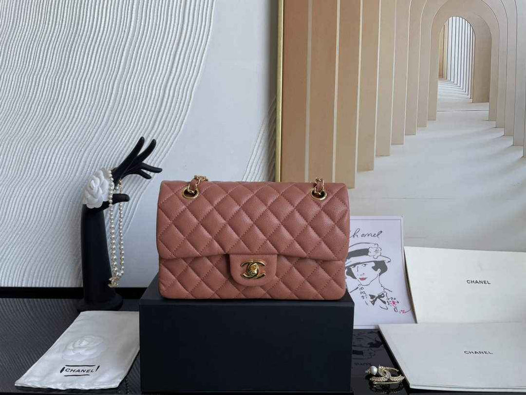 Chanel  A01113 Small Classic Handbag Grained Shiny Calfskin Brown Gold