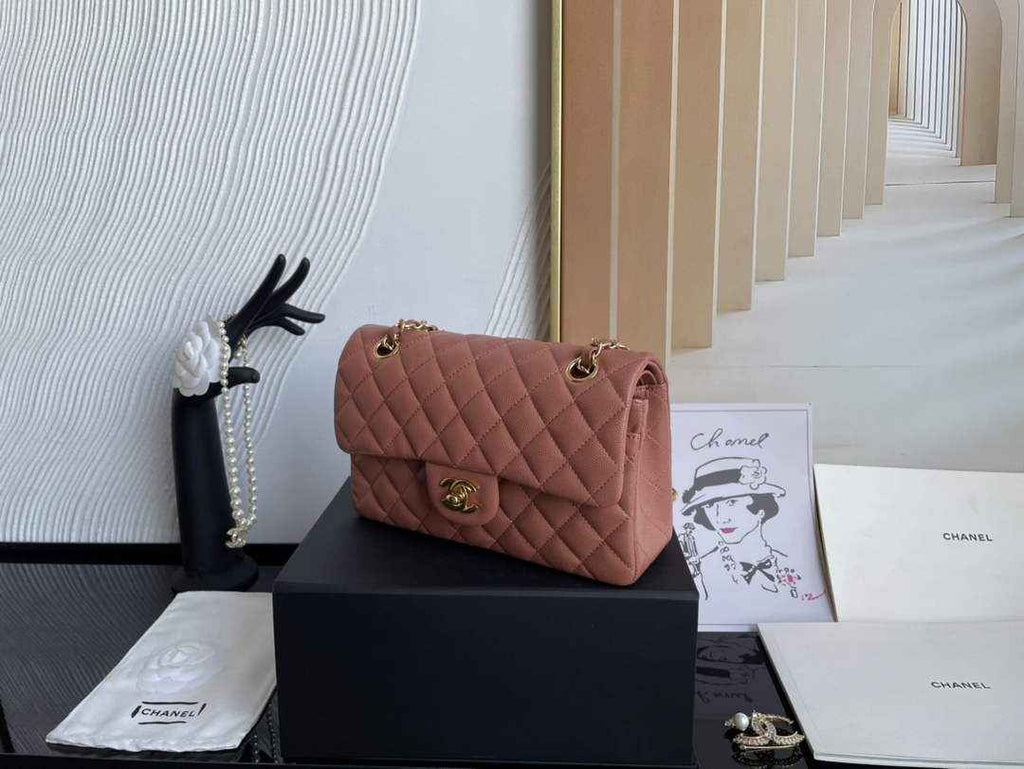 Chanel  A01113 Small Classic Handbag Grained Shiny Calfskin Brown Gold