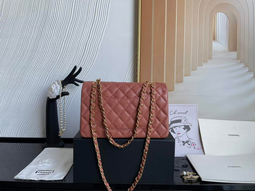 Chanel  A01113 Small Classic Handbag Grained Shiny Calfskin Brown Gold