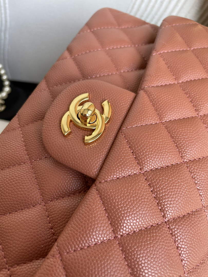 Chanel  A01113 Small Classic Handbag Grained Shiny Calfskin Brown Gold