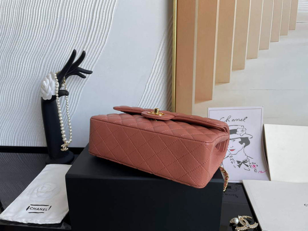 Chanel  A01113 Small Classic Handbag Grained Shiny Calfskin Brown Gold