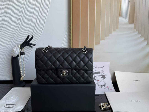 Chanel  A01113 Small Classic Handbag Grained Shiny Calfskin Black Silver