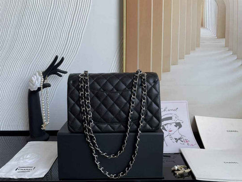 Chanel  A01113 Small Classic Handbag Grained Shiny Calfskin Black Silver
