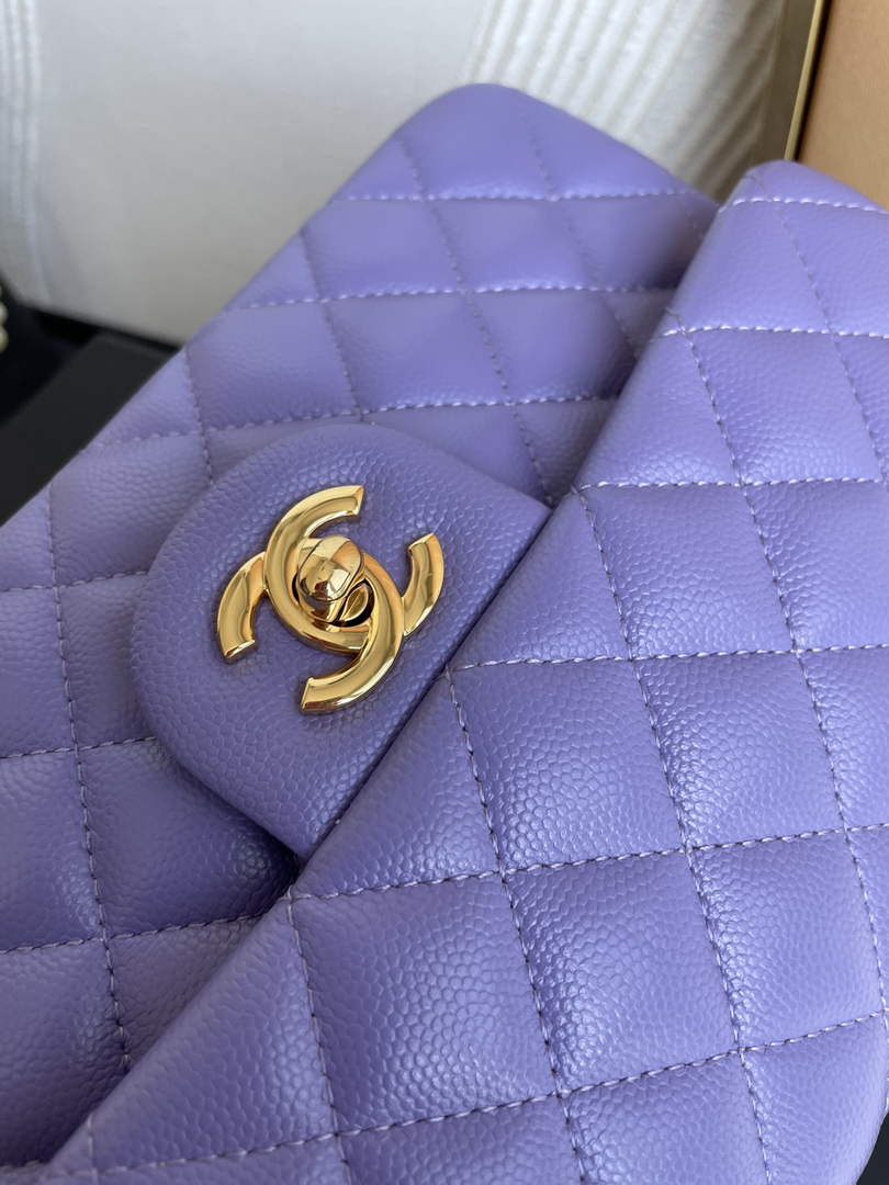 Chanel  A01113 Small Classic Handbag Grained Shiny Calfskin Purple Gold