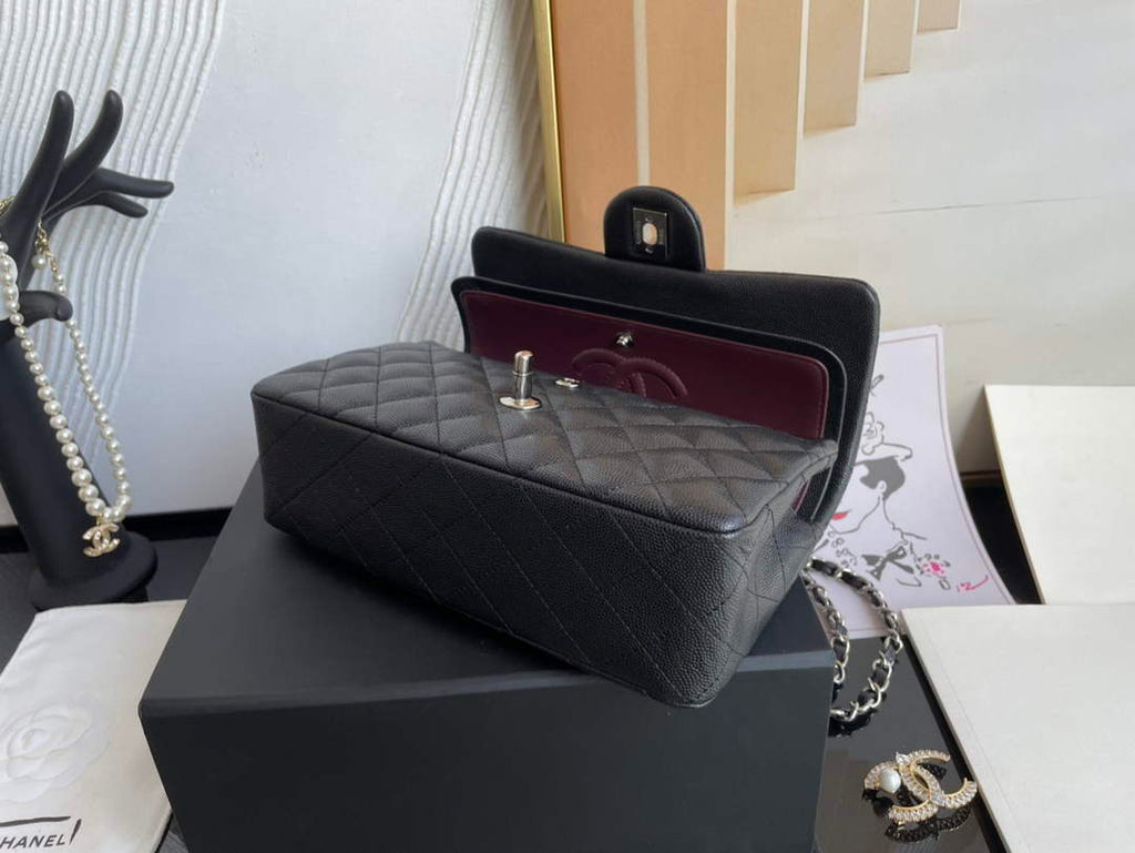 Chanel  A01113 Small Classic Handbag Grained Shiny Calfskin Black Silver