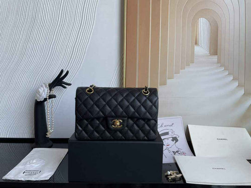 Chanel  A01113 Small Classic Handbag Grained Shiny Calfskin Black Gold