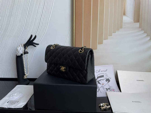 Chanel  A01113 Small Classic Handbag Grained Shiny Calfskin Black Gold