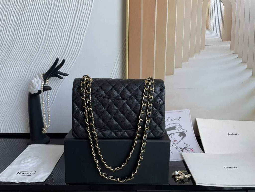 Chanel  A01113 Small Classic Handbag Grained Shiny Calfskin Black Gold
